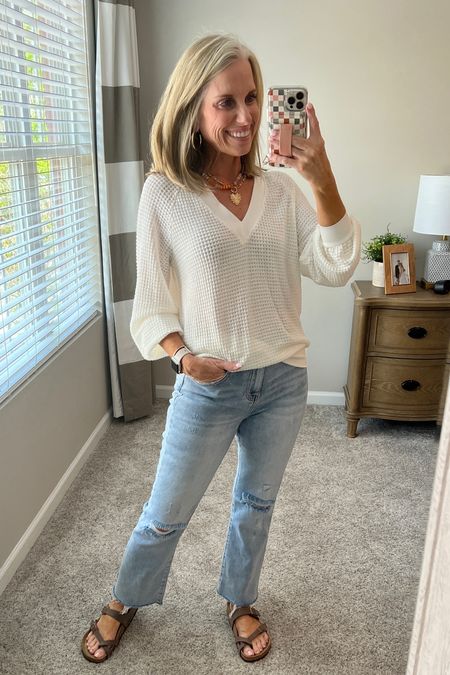 Easy and casual. I’m having a plantar fasciitis episode and these Birkenstocks are saving the day!!!! 
Use COAST15 on jeans (wearing 27) 
Use LISA10 on sweater 

#LTKstyletip #LTKfindsunder100 #LTKover40