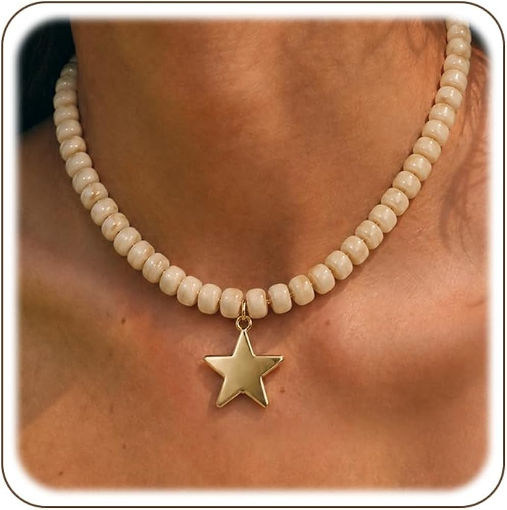 Colorful Chunky Beaded Necklace for Women,Boho Resin Beaded Choker Necklace Star Pendant Necklace... | Amazon (US)