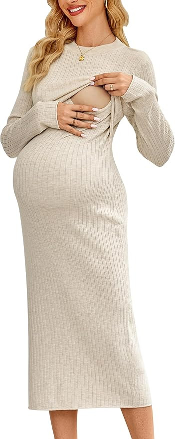 OUGES Women's Wool Blend 2025 Maternity Sweater Nursing Dress Long Sleeve Crew Neck Slim Fit Ribb... | Amazon (US)