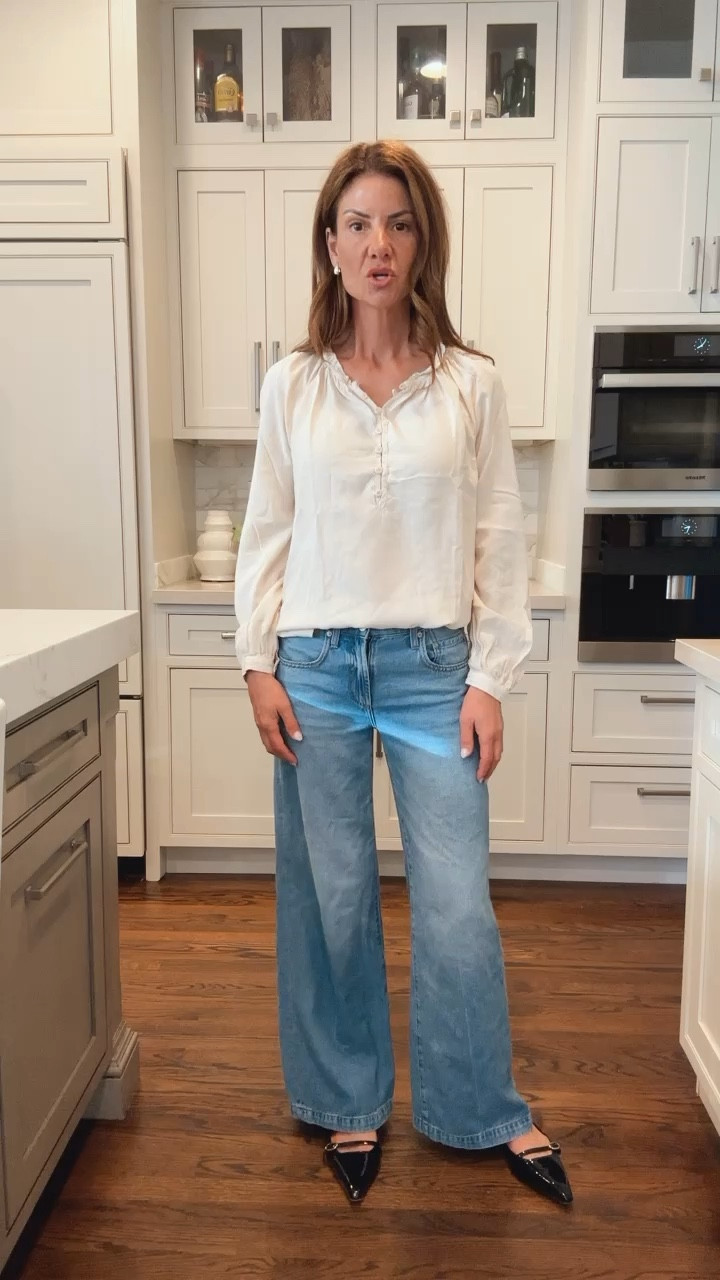 Outfit of the day- cream top with small ruffles at the neck, wide leg jeans, I am in a size 26. They fit true to size. Added black patent leather shoes and a black oversized blazer. The blazer is normally $168. It is on sale for $59. I absolutely love it. It goes with everything in my closet. Grabbed my Peepers so I can see the menu  

#LTKOver40 #LTKFindsUnder100 #LTKStyleTip