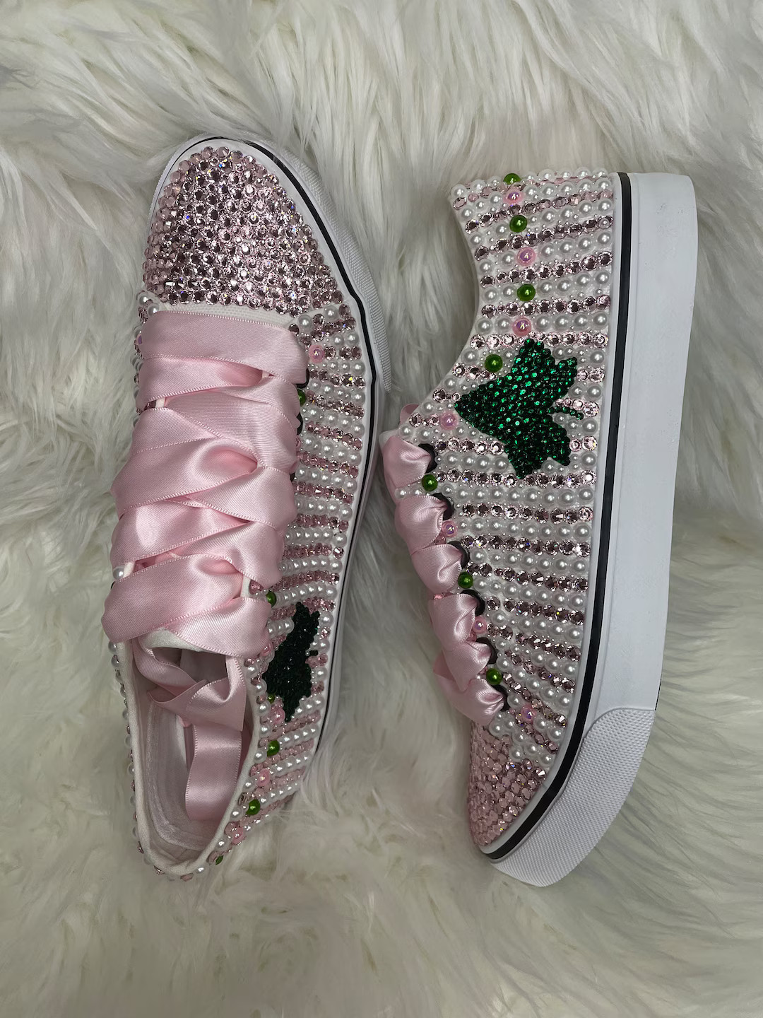 Pink Bling Shoes With Ivy Leaf, Aka Inspired, Pink and Green Shoes, Pearl Aka Shoes - Etsy | Etsy (US)