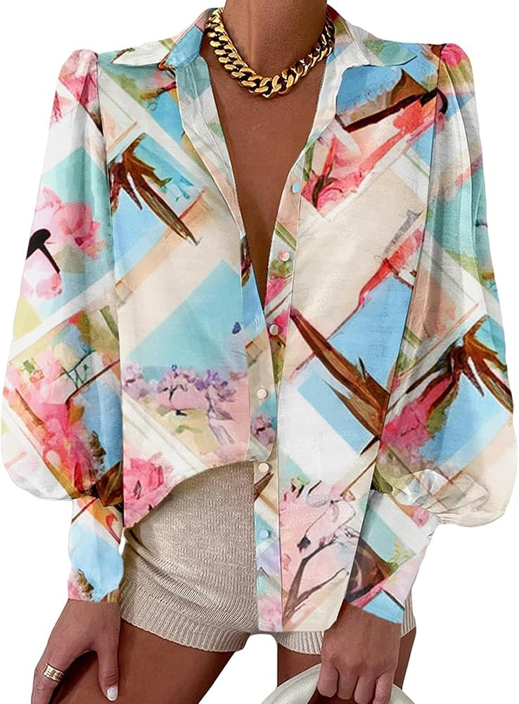 BTFBM Women Fashion Button Down Shirts Lapel V Neck Printed Solid Boho Long Sleeve Blouses Dressy... | Amazon (US)