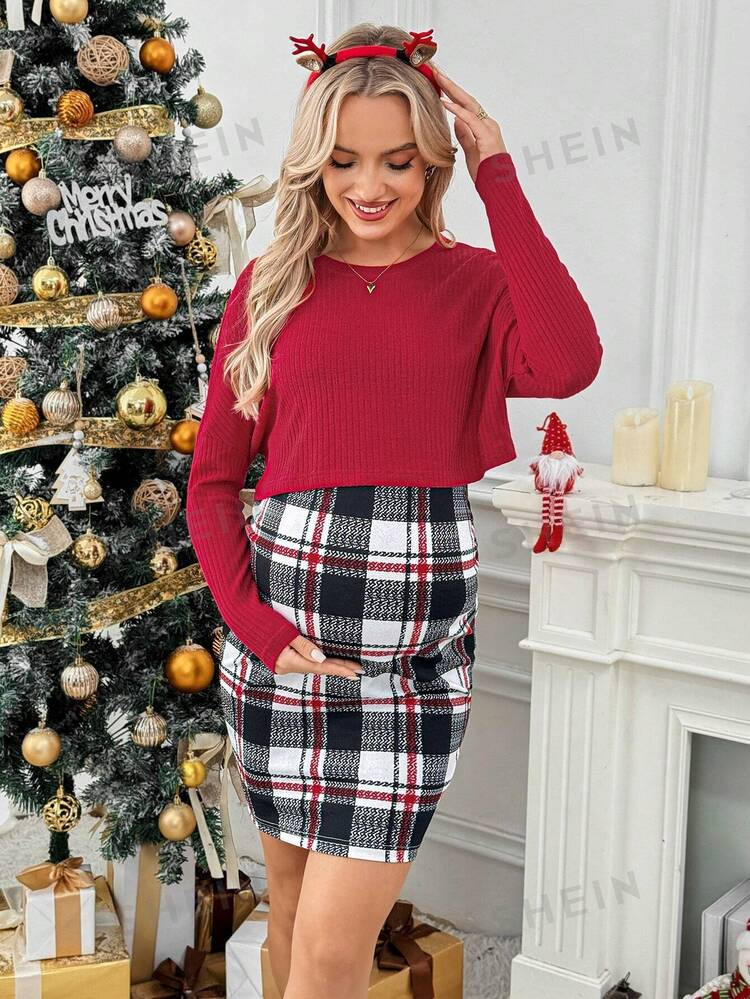 SHEIN 2pcs Maternity Christmas Outfit, Red Top And Adjustable Waist Plaid Skirt Set, Autumn | SHE... | SHEIN