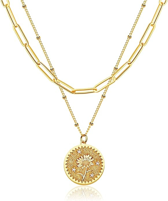 Layered Birth Flower Necklace for Women 18K Gold Plated Double Layered Engraved Custom Floral Pen... | Amazon (US)