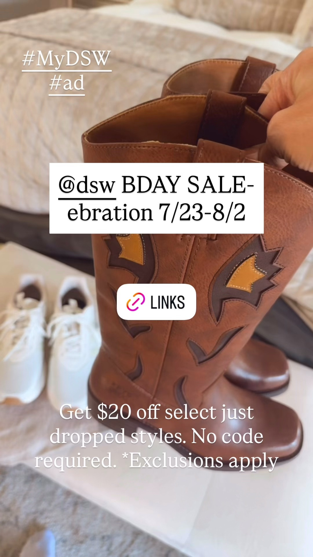 Shop comfort and style with DSW’s BDAY SALE-ebration going on now! Get $20 off select just dropped styles like my western boots and comfy sneakers 7/23-8/2. No code required. *Exclusions apply

@DSW #MyDSW #ad