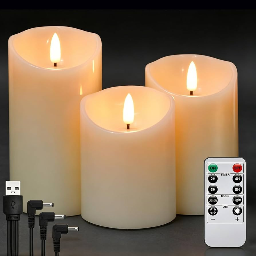 Rechargeable Flameless Candles with Remote Timer, 3Pack Ivory Real Wax LED Pillar Candles D3" H4"... | Amazon (US)