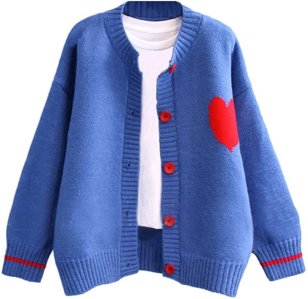 FindThy Women's Cute Cardigan Sweater Kawaii Love Heart Print Y2K Button Knitted Outerwear | Amazon (US)