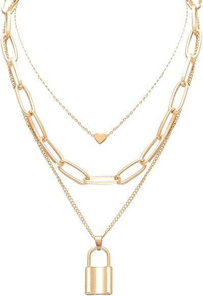 Salircon Layered Necklace Lock Key Pendant Punk Long Chain Statement Choker for Women Men | Amazon (US)