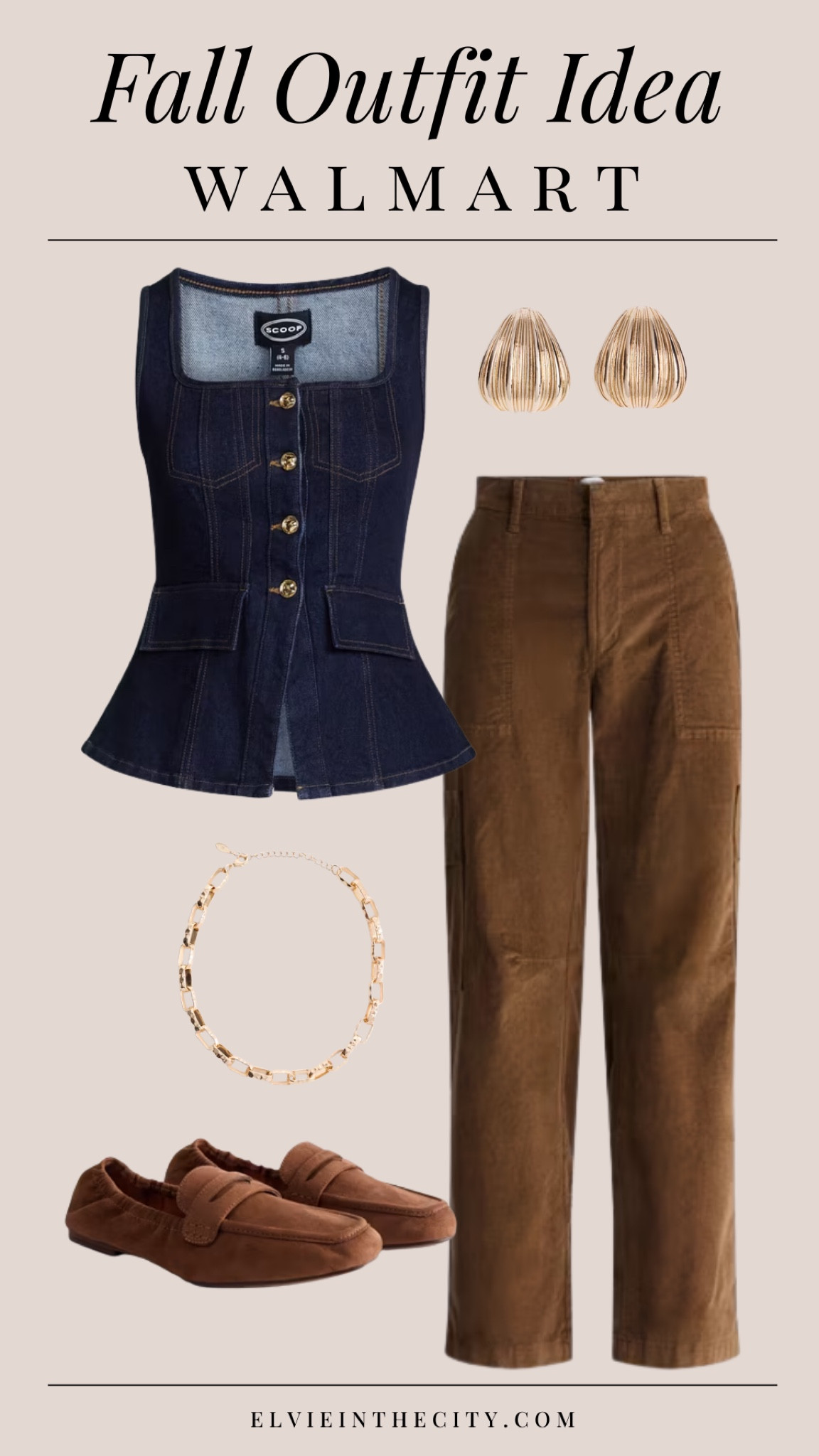 This fall outfit idea from Walmart includes a denim vest, corduroy cargo barrel pants, faux leather loafers, gold earrings and a gold necklace. 

Walmart finds, midlife women, petite fashion, affordable fashion, fashion over 40, over 50 style 

#LTKPetite #LTKootd