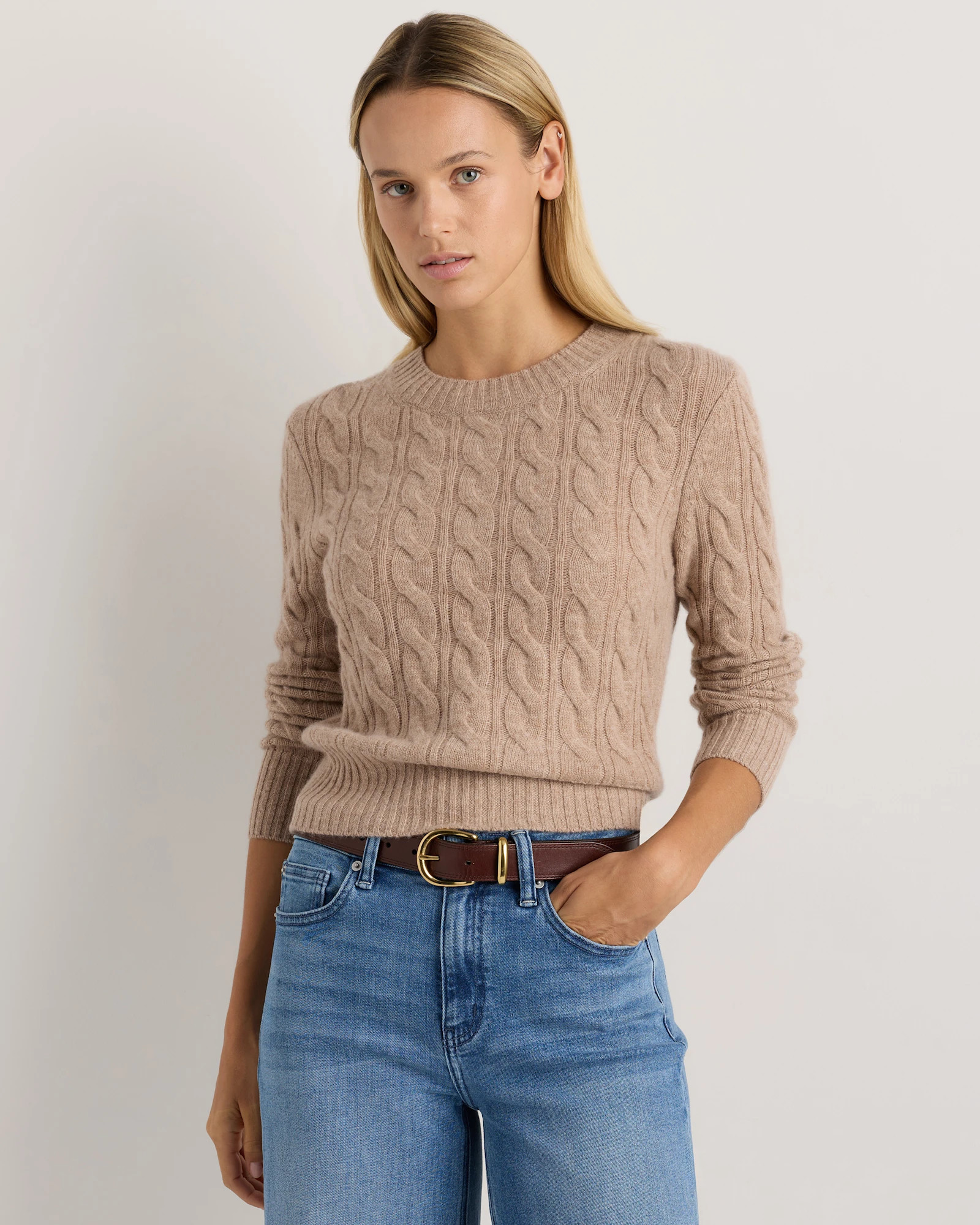 Quince | Women's Mongolian Cashmere Shrunken Cable Crewneck Sweater in Charcoal, Size XL | Quince