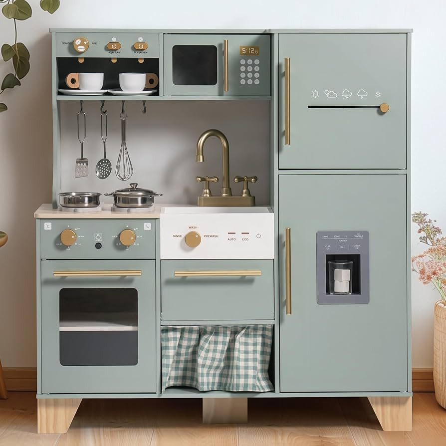 ROBUD Wooden Play Kitchen for Kids Toddlers, Corner Wooden Play Kitchen with Fridge, Ice Maker, C... | Amazon (US)