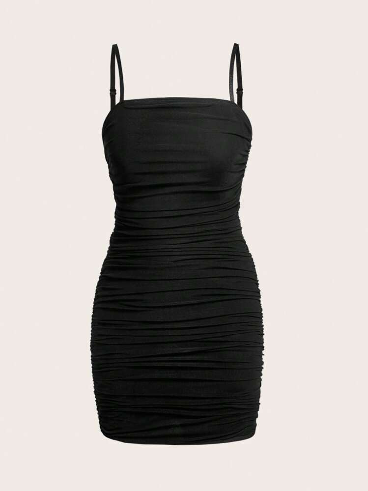 SHEIN EZwear Summer Dress Black Solid Ruched Cami Bodycon Dress | SHEIN