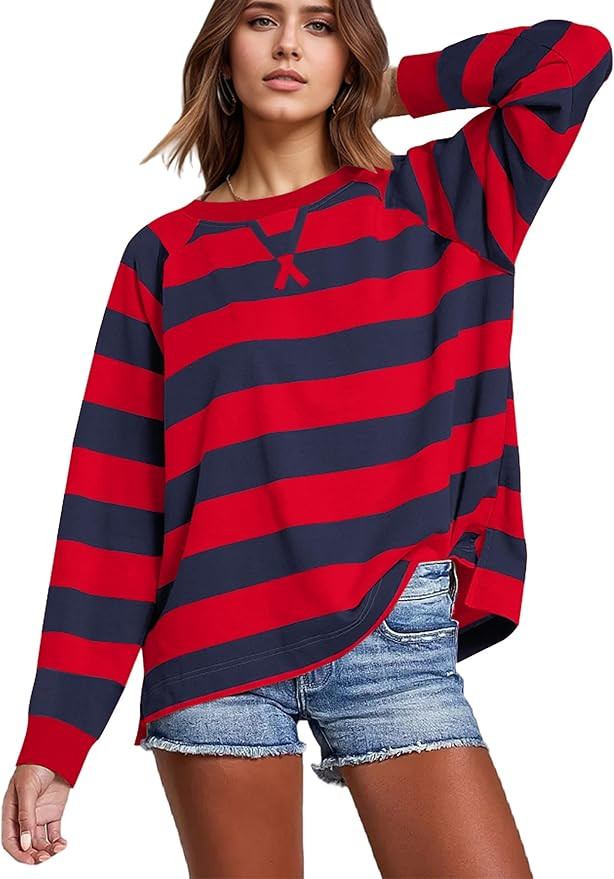 Women Oversized Striped Sweatshirt Crewneck Long Sleeve Striped Shirts Color Block Y2k Pullover F... | Amazon (US)