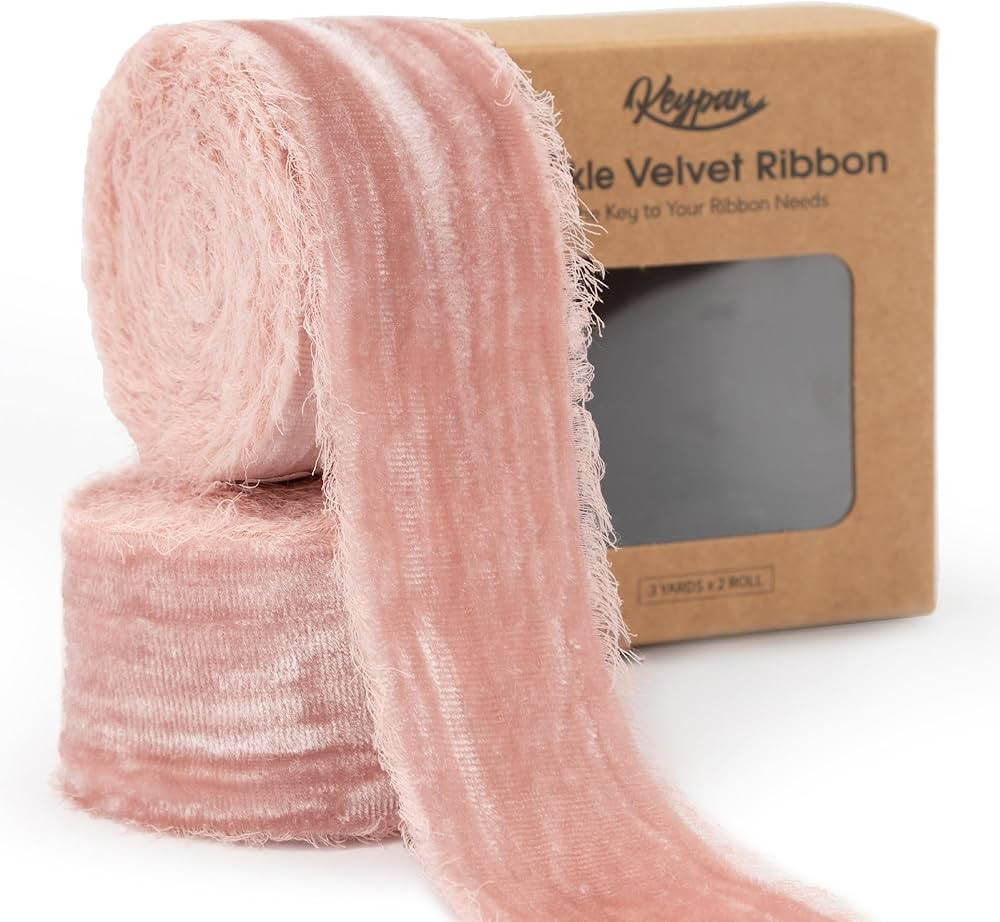 Light Pink Velvet Ribbon 1-1/2 Inch x 6 Yd Crinkled Handmade Frayed Vintage Ribbons for Christmas... | Amazon (US)