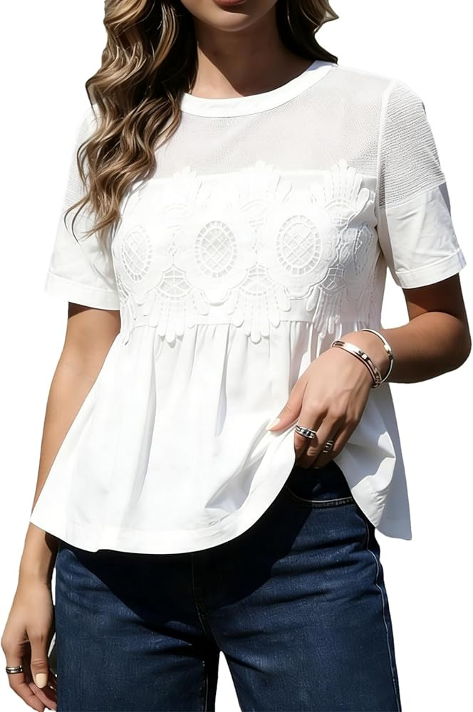 Lace Short Sleeve Babydoll Top Pleated Hem Mesh Detailing Elegant Casual Blouse for Beach Vacatio... | Amazon (US)