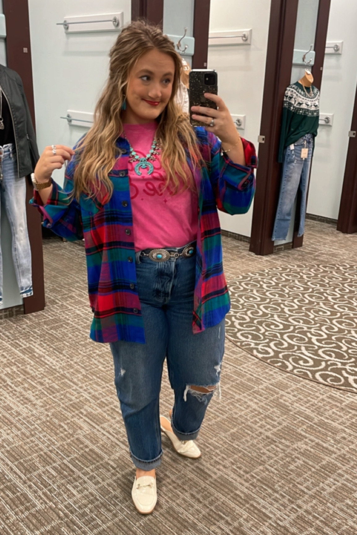 Add a pop of color with the cute festive graphic tee that reads “what the elf” and a boyfriend plaid that has the bold and bright holiday colors! Pair with a vintage inspired straight leg distressed jean! 

#LTKmidsize #LTKHoliday #LTKparties