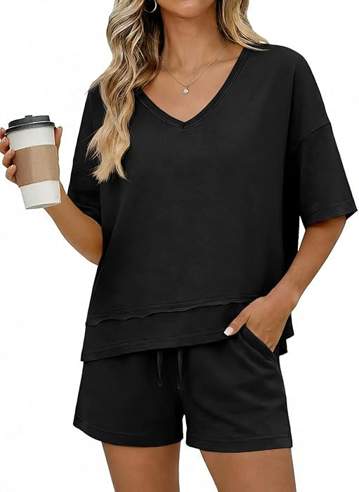 Tankaneo Womens 2 Piece Outfits Shorts Set Summer Casual Short Sleeve V Neck T Shirts Tops Matchi... | Amazon (US)