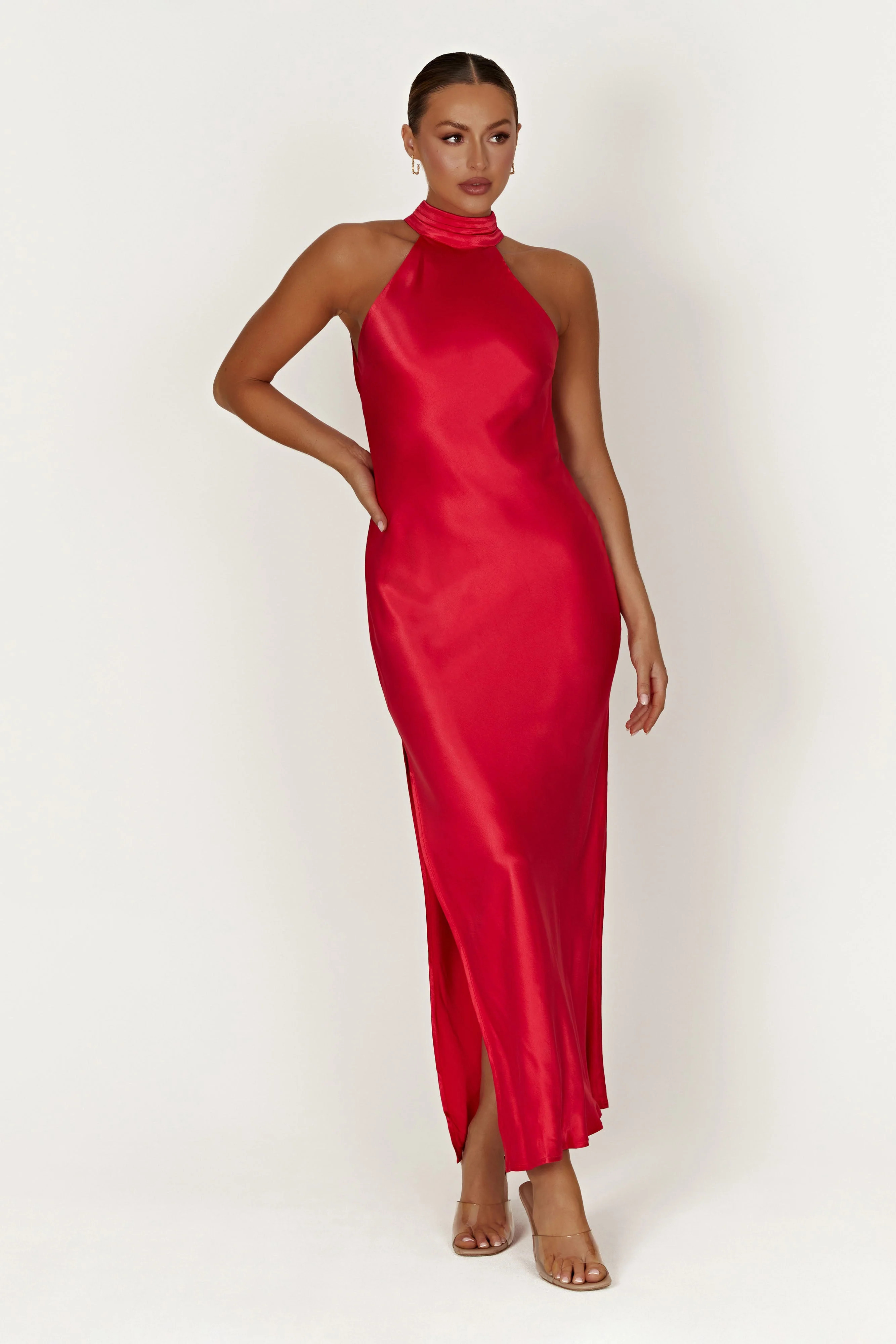 Claire Satin Drape Back Maxi Dress with Split - Red | MESHKI US