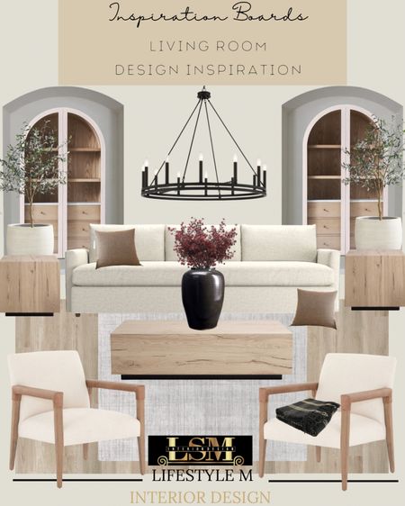 Transitional living room inspiration. Recreate the look at home. Wood coffee table, wood end tables, living room rug, wood upholstered accent chair, black vase, faux fake red plant, brown throw pillow, black throw blanket, white tree planter pot, faux fake tree, living room black wheel chandelier, white china cabinets, wood floor tiles.

#LTKhome #LTKstyletip #LTKFind