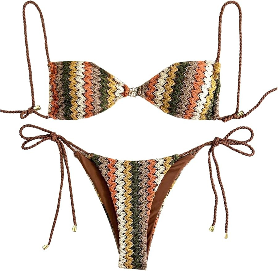 SHENHE Women's String Bikini Set Striped Crochet Swimsuits Tie Back Halter Bathing Suits | Amazon (US)