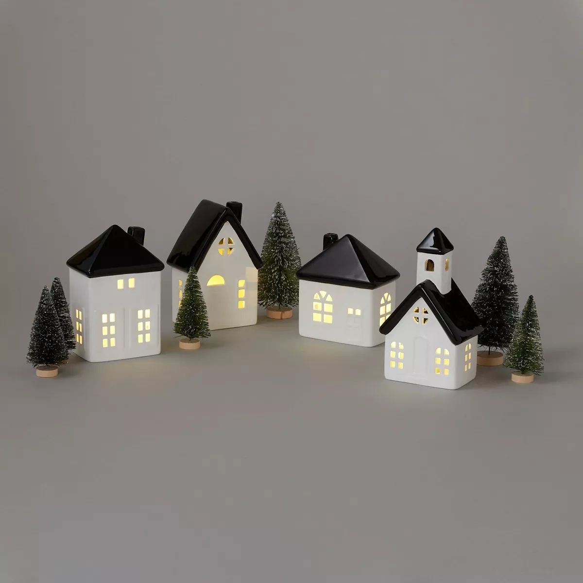 10pc Battery Operated Decorative Ceramic Christmas Village Kit White/Black with Green Trees - Won... | Target