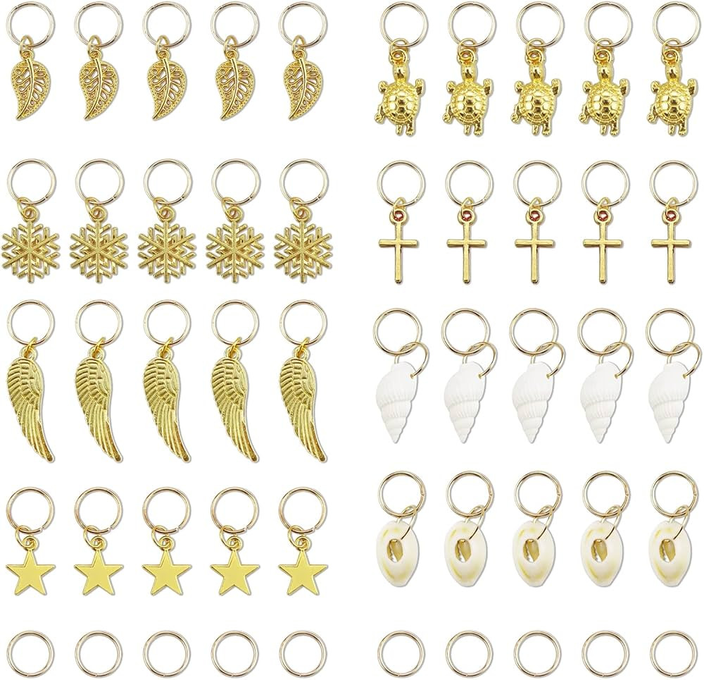 JIALEEY Hair Braid Rings, 50PCS Hair Loops Clips Gold Ring Shell Leaves Star Conch Snowflake Pend... | Amazon (US)