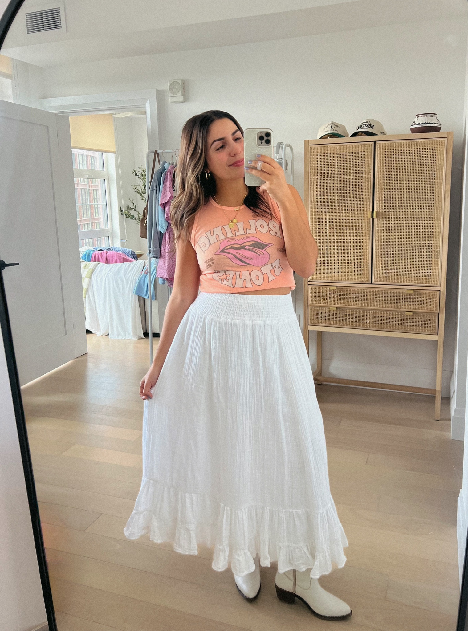 My fave spring outfit: cute white maxi skirt + a graphic top. Both from American eagle & sooo comfy! This would be so cute for a concert with cowboy boots. Both true to size, M 

#LTKFindsUnder50 #LTKSeasonal #LTKSaleAlert