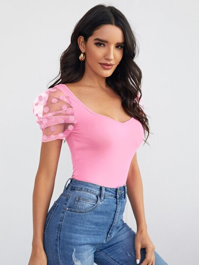 SHEIN Sweetheart Neck Dobby Mesh Sleeve Top | SHEIN