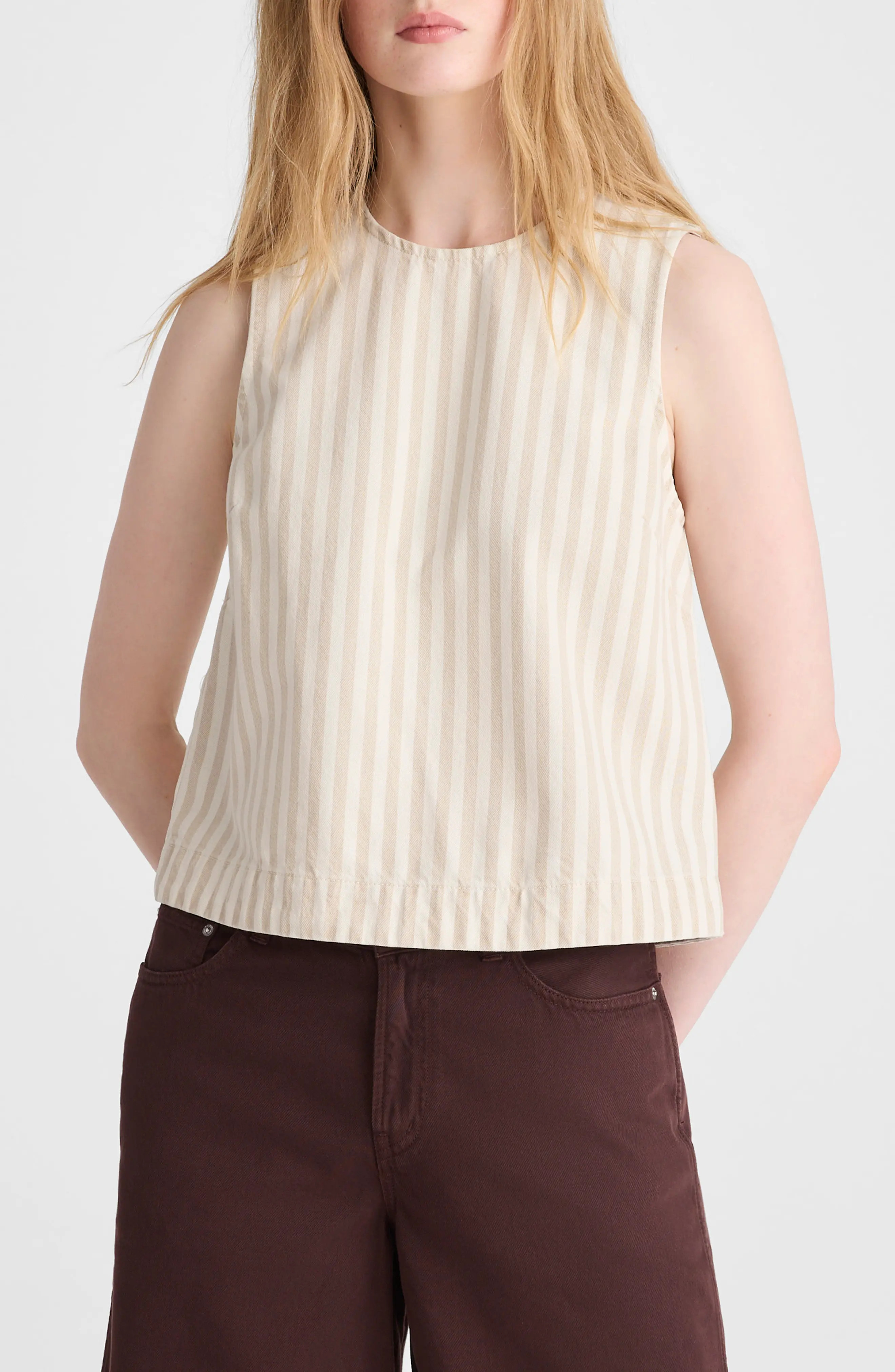 Madewell Stripe Denim Boxy Shell Top in Khaki Sand Stripe at Nordstrom, Size X-Large | Nordstrom
