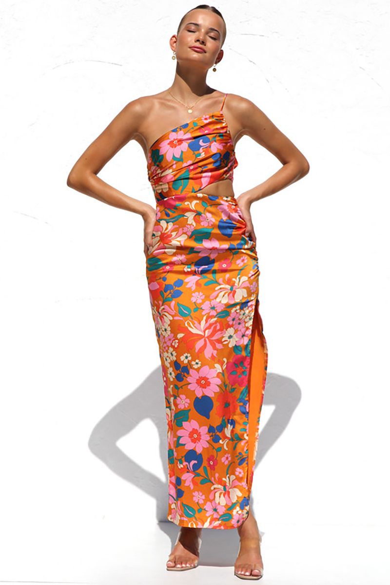Satin Floral Print One Shoulder Boat Neck Cutout High Slit Vacation Slim Maxi Dresses | Cherley