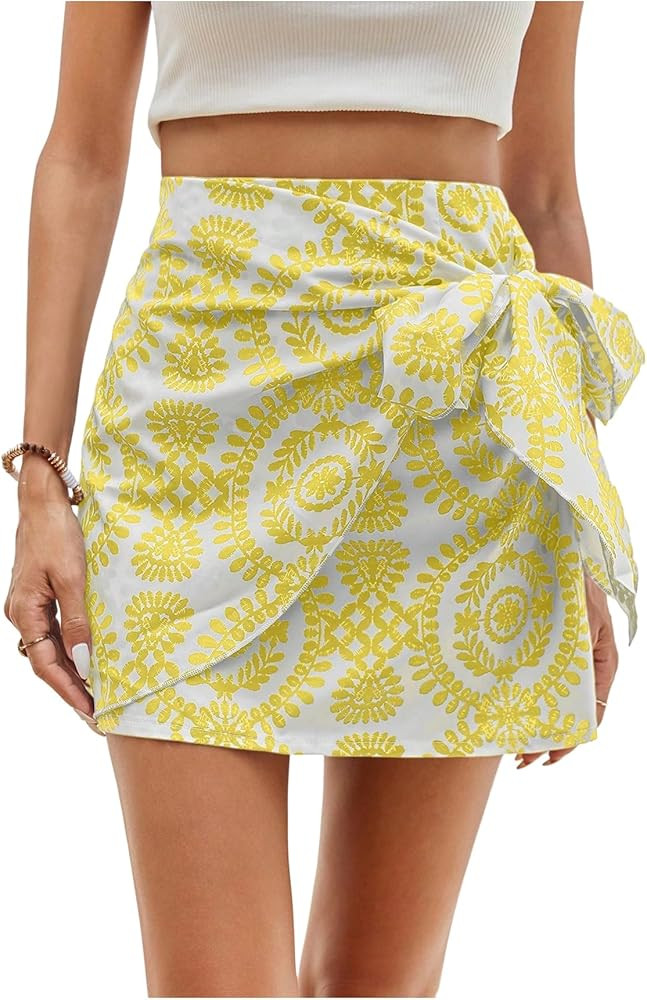 WDIRARA Women's Allover Print Knot Side High Waist Wrap Skirt Zipper Back Boho Mini Skirt | Amazon (US)