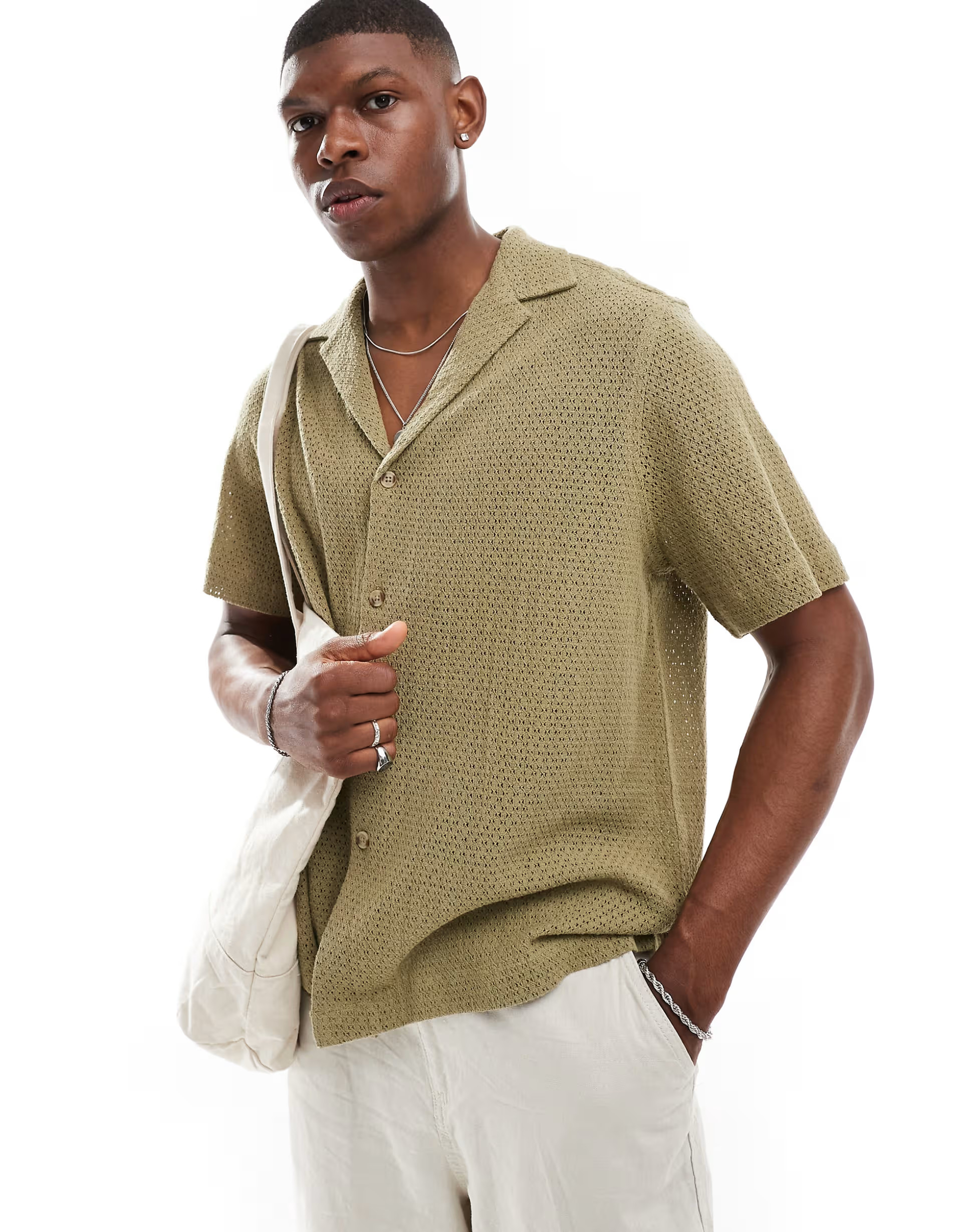 ASOS DESIGN relaxed deep revere basket texture shirt in khaki | ASOS | ASOS (Global)