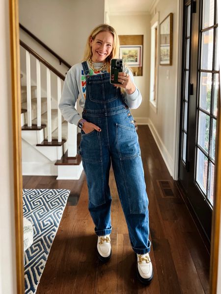 Mom Drop Off Outfit That's Not Leggings - overalls with a fitted sweatshirt (or whatever you want underneath! and loafers. If you're feeling fancy layer some necklaces and you're out the door. Click through for outfit sources - CLAIRE LATELY BLOG

#LTKshoecrush #LTKstyletip #LTKfamily