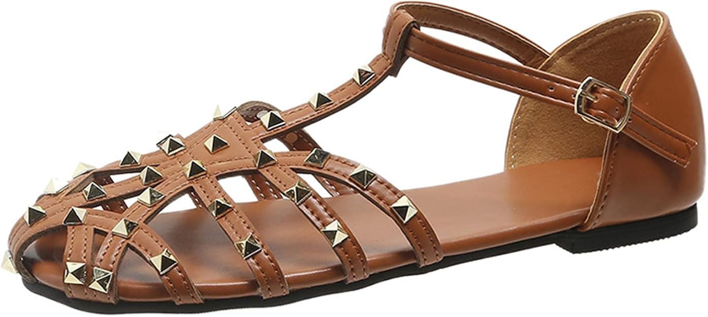 EFTCAL Women's Closed Toe Flat Caged Sandals,T Strap Rivets Hollow Out Roman Sandals Casual Beach... | Amazon (US)