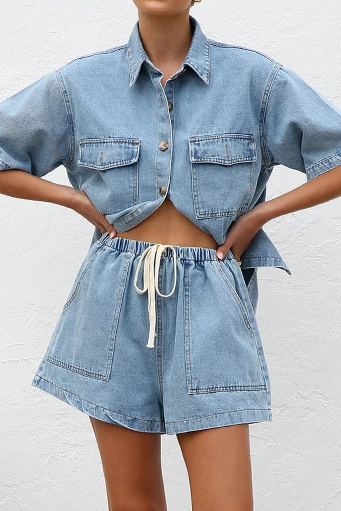 chouyatou Women's Summer Denim 2 Piece Outfits Short Sleeve Button Down Shirt Elastic Waist Wide ... | Amazon (US)