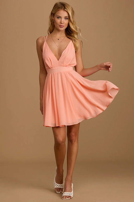 Save Me a Dance Coral Pink Pleated V-Neck Skater Dress | Lulus (US)