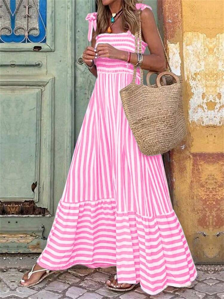 SHEIN Holidaya Women's Shoulder Strap Chest Gathered Striped Dress Maxi Vacation Beach Outfit | SHEIN