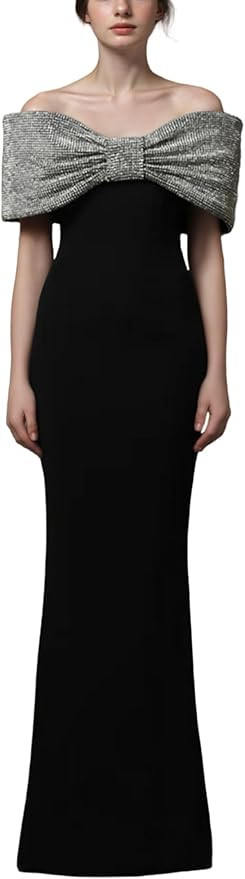 Women's Designer Formal Dresses Elegant Off Shoulder Long Dress Shiny Rhinestone Big Bow Decor Sl... | Amazon (US)