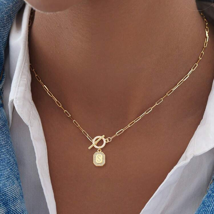 1pc Classic Simple Pave Zirconia Block Initial Pendant Toggle Clasps Golden Stainless Steel Paper... | SHEIN