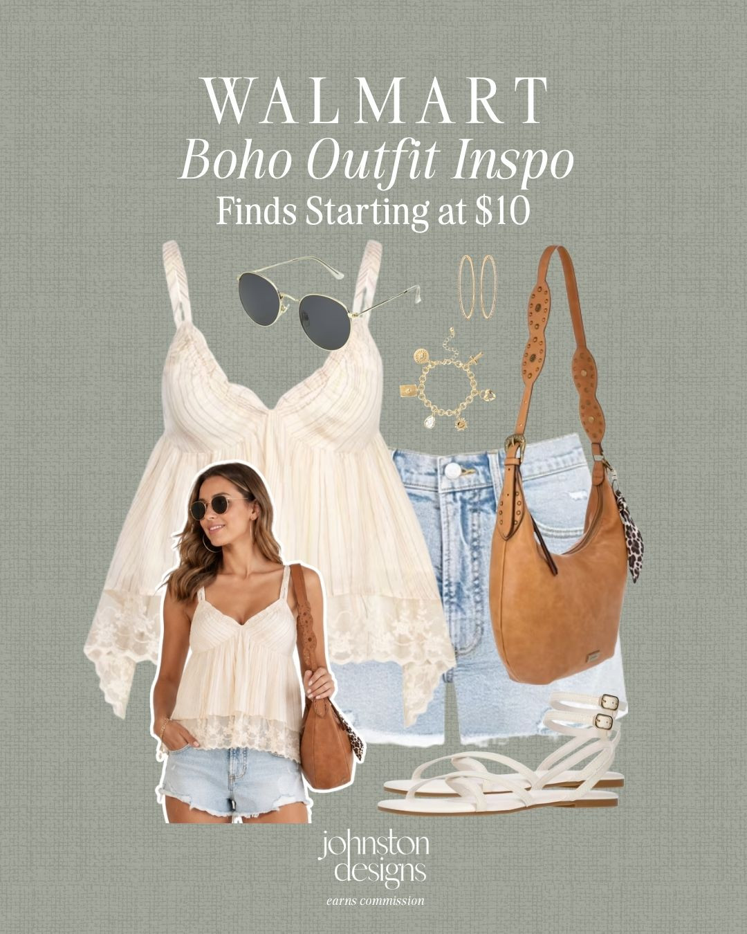 Walmart boho outfit inspo with a lace tank, denim shorts and warm brown accessories for an effortless summer look. Love this for concerts, weekend plans or casual vacation days. 🤎

Walmart boho outfit, lace tank, denim shorts, brown bag, white sandals, round sunglasses, gold jewelry, charm bracelet, summer outfit, casual style, vacation look, concert outfit, weekend look, affordable finds, warm weather, effortless style 

 #LTKootd #LTKSeasonal