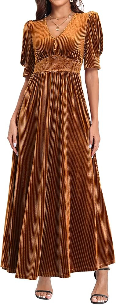 Pinup Fashion Velvet Wedding Guest Dress - Fall Formal Holiday V Neck Empire Waist Long Dresses | Amazon (US)