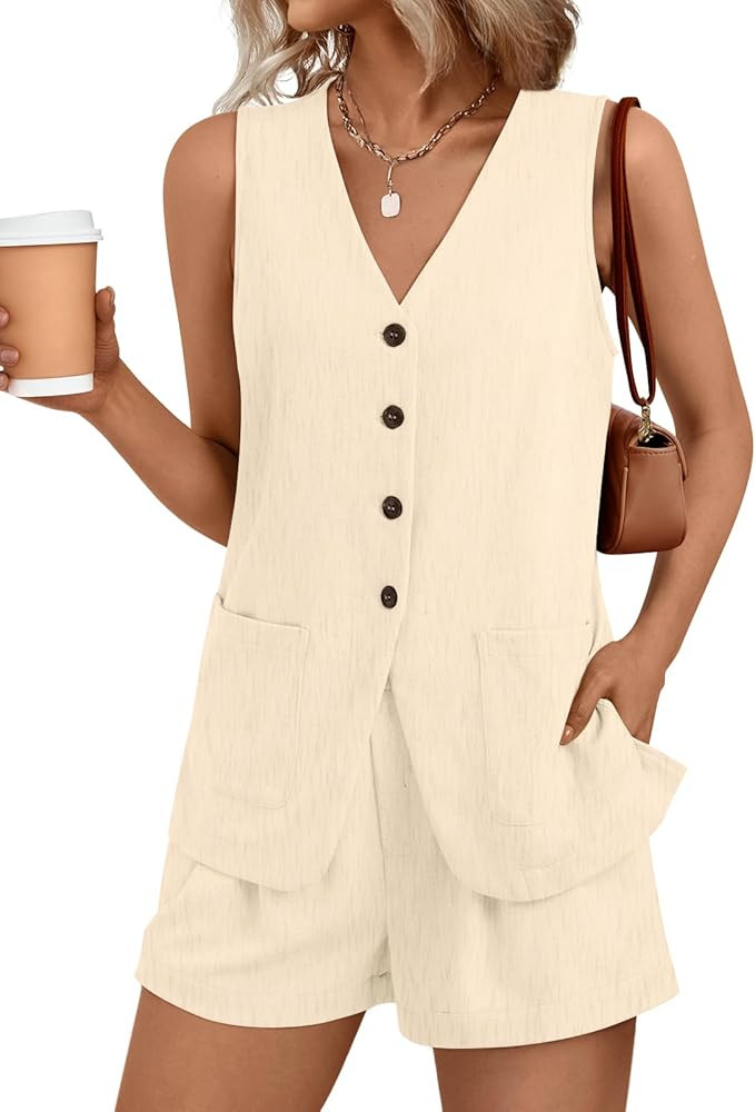 AUTOMET Summer Sets for Women Two Piece Vacation Outfits Short Set Button Down Business Casual Dr... | Amazon (US)