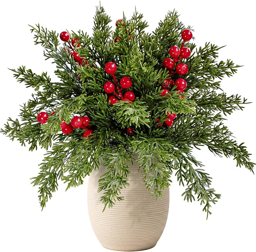 30Pcs Christmas Artificial Pine Branches with Red Berry Stems | Amazon (US)