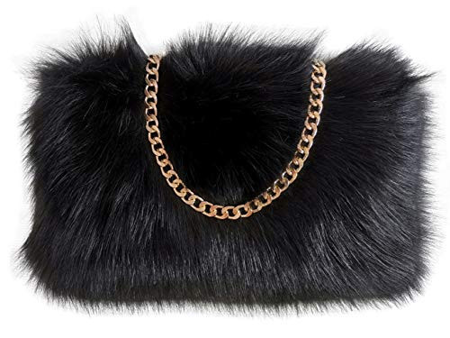 FHQHTH Faux Fox Fur Purse Fuzzy Handbags for Women Evening Handbags Al alloy Shoulder Strap [Black] | Amazon (US)