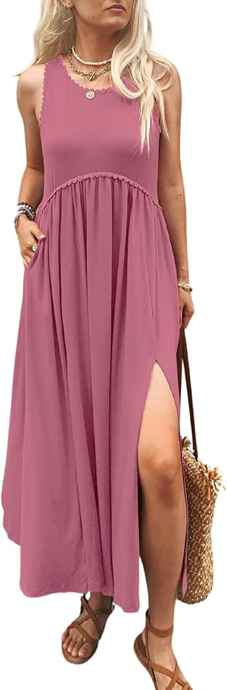 Women's Maxi Dress Summer Sleeveless Crewneck Swing Sundress Casual Loose Long Dresses with Pocke... | Amazon (US)