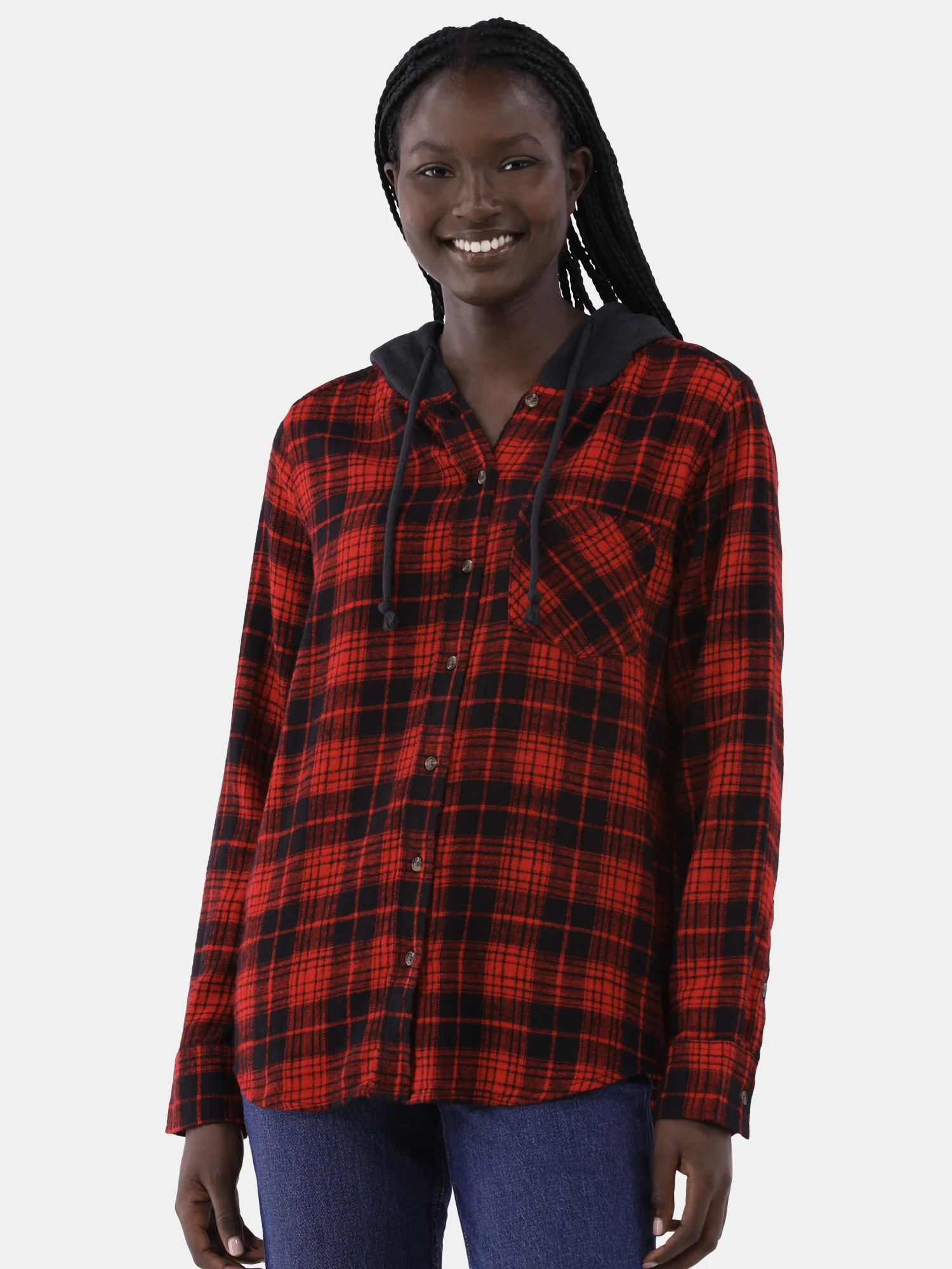 Time and Tru Women's Hooded Flannel Shirt with Long Sleeves, Sizes XS-XXXL | Walmart (US)