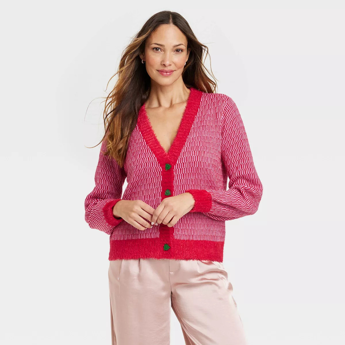 Women's Tree Button Graphic Cardigan - Red | Target