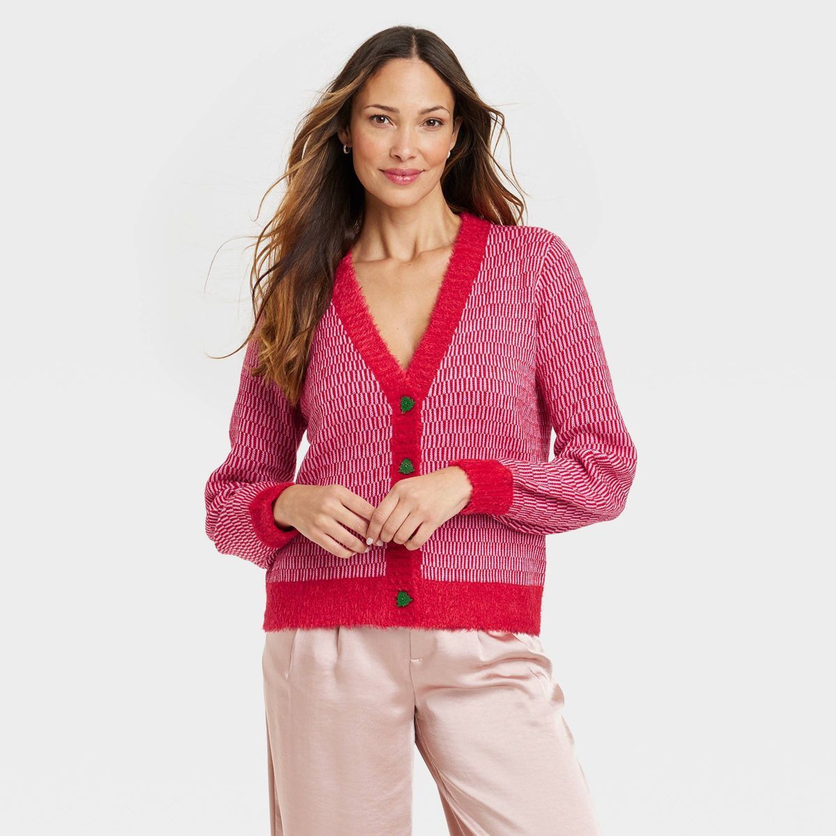 Women's Tree Button Graphic Cardigan - Red S | Target