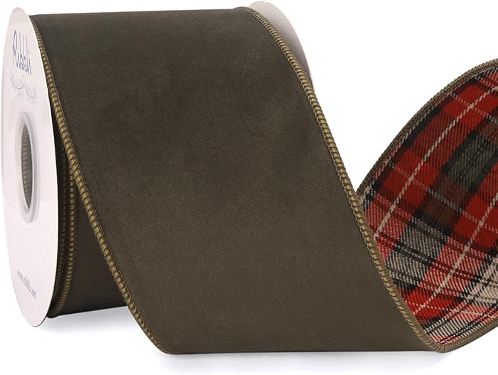 Ribbli Moss Green Velvet Wired Ribbon with Plaid Reversible 4 Inch Christmas Ribbon for Gift Wrap... | Amazon (US)