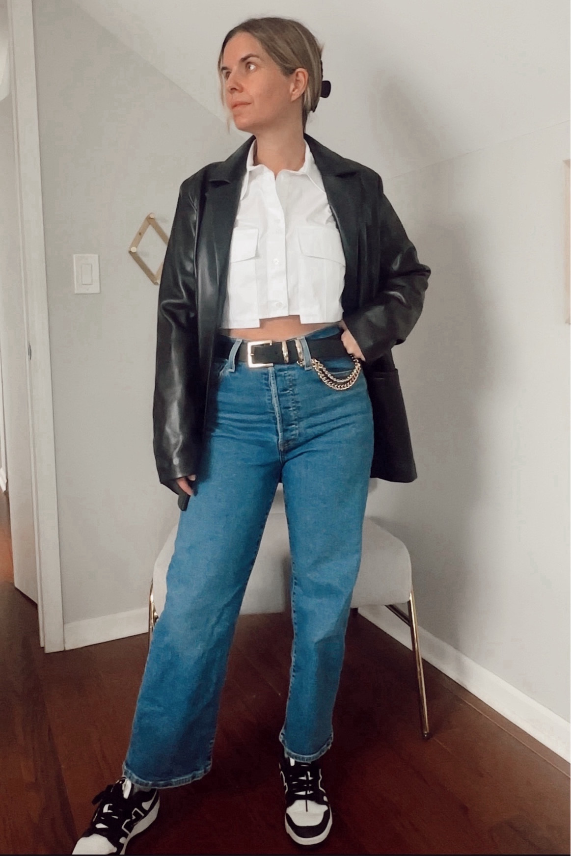 Cropped white button down and faux leather blazer 

#LTKMostLoved #LTKSeasonal #LTKover40